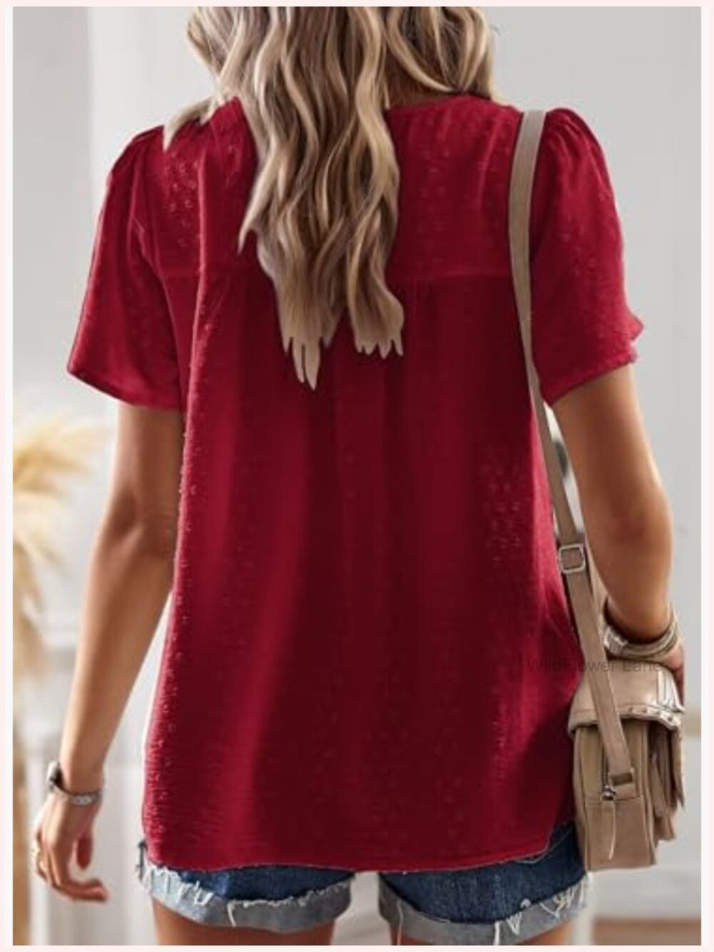 Women's Crewneck Short Sleeve Blouse Flowy Lace Hem Boho Tunic Top - Picture 3 of 7